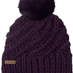 Coal Ladies Maizy Tall Pom Beanie 2023 - A dark purple beanie with a tall, fluffy black pom-pom on top.