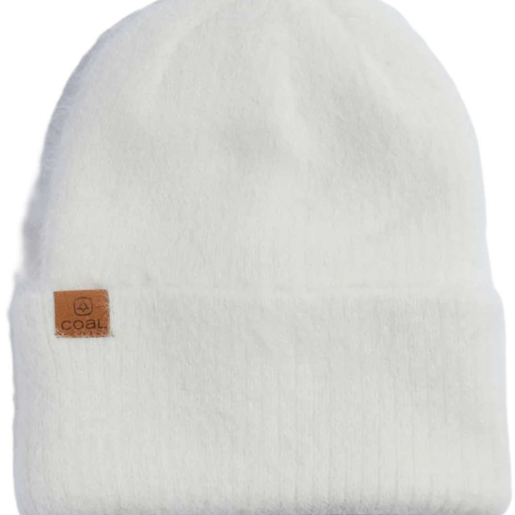 Coal Ladies Pearl Tall Beanie 2023 - A white beanie with a small brown leather label on the front left side that says "coal" in black letters.