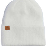 Coal Ladies Pearl Tall Beanie 2023 - A white beanie with a small brown leather label on the front left side that says "coal" in black letters.