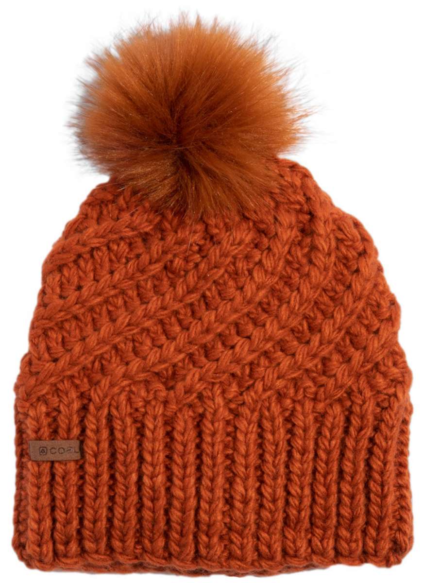 Coal Maizy Tall Pom Beanie - A rust-colored beanie with a tall, fluffy pom-pom on top.