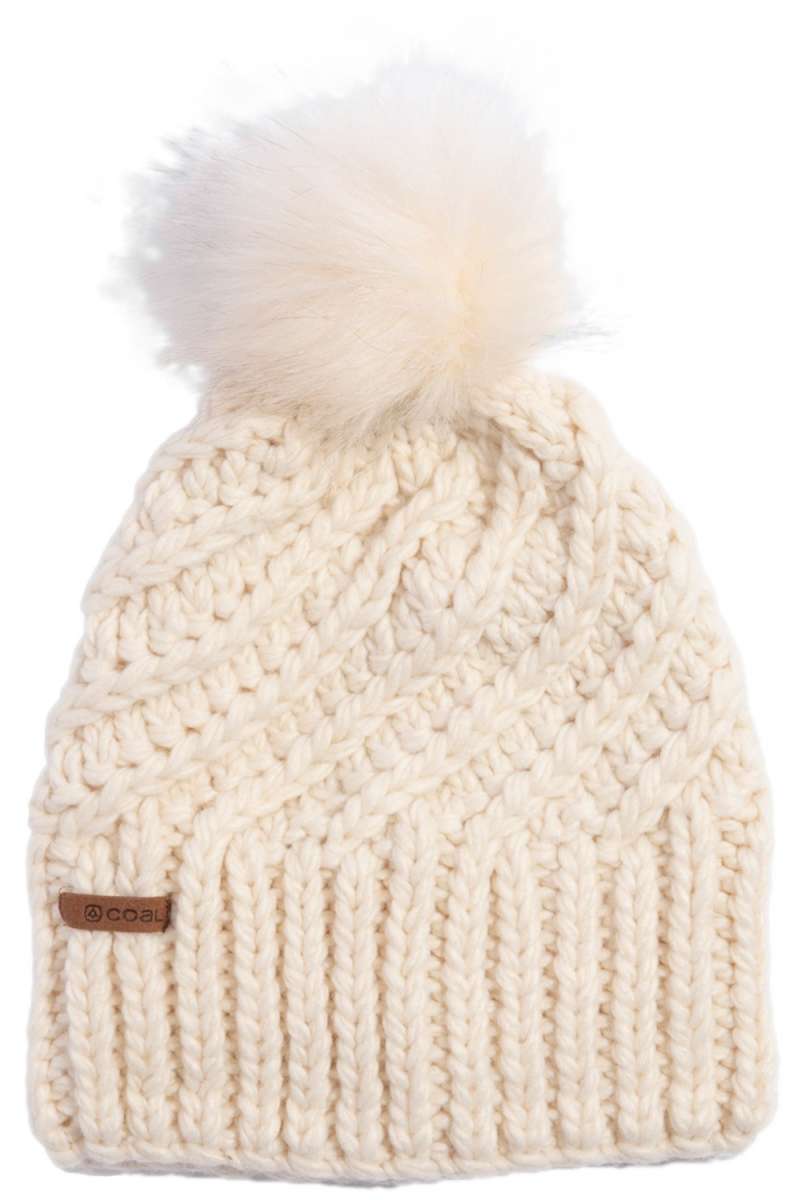 Coal Maizy Tall Pom Beanie 2024 - Cream-colored beanie with a tall, fluffy white pom-pom on top.