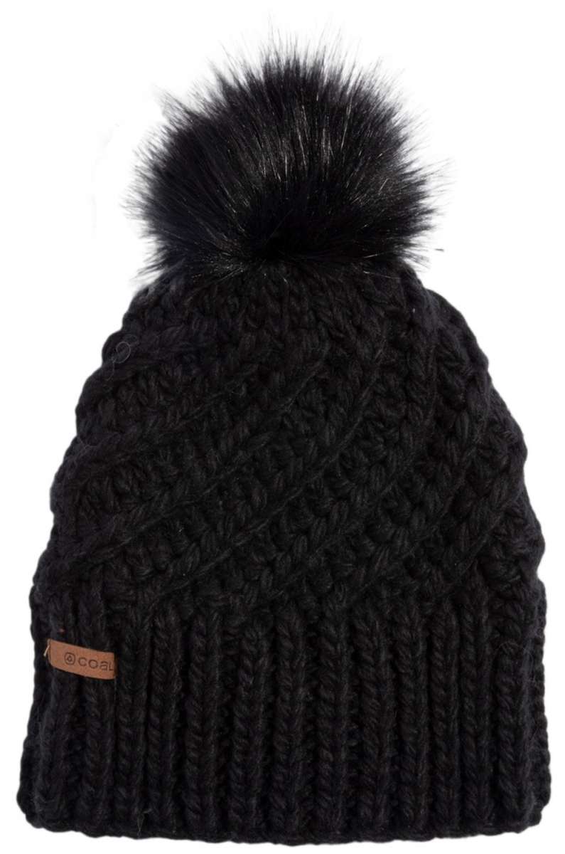 Coal Maizy Tall Pom Beanie - Black beanie with a tall, fluffy black pom-pom on top.