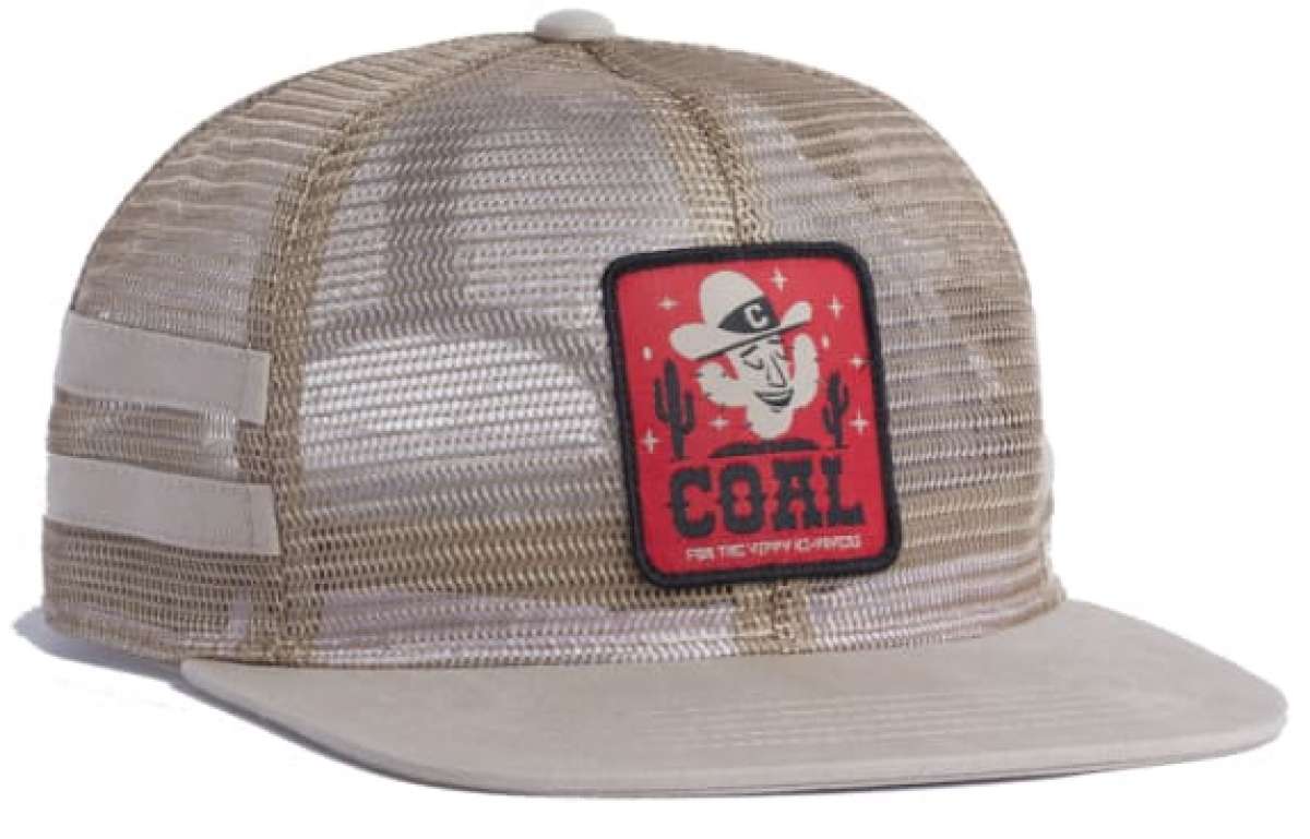 Coal Ripley Vintage Mesh Cap 2023 - A tan mesh cap with a red patch on the front featuring a cartoon cowboy's face and the word "COAL" in black letters.
