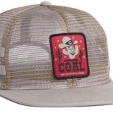 Coal Ripley Vintage Mesh Cap 2023 - A tan mesh cap with a red patch on the front featuring a cartoon cowboy's face and the word "COAL" in black letters.