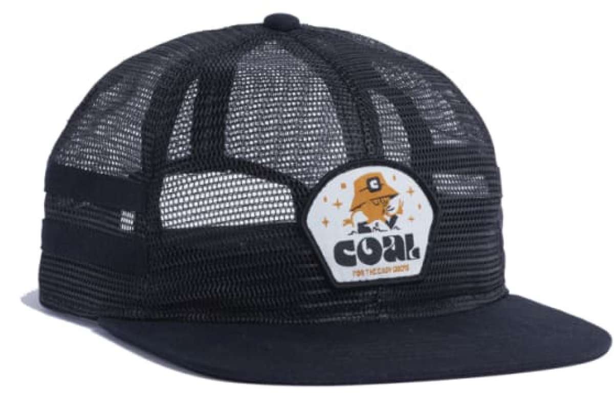 Coal Ripley Vintage Mesh Cap 2023 - A black mesh cap with a white patch on the front featuring an orange cartoon character wearing a bucket hat and glasses, surrounded by small gold stars.