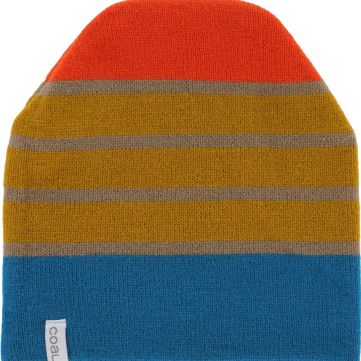 Coal Speed Demon Tall Beanie 2023 - A tall beanie with a striped pattern in orange, yellow, and blue.