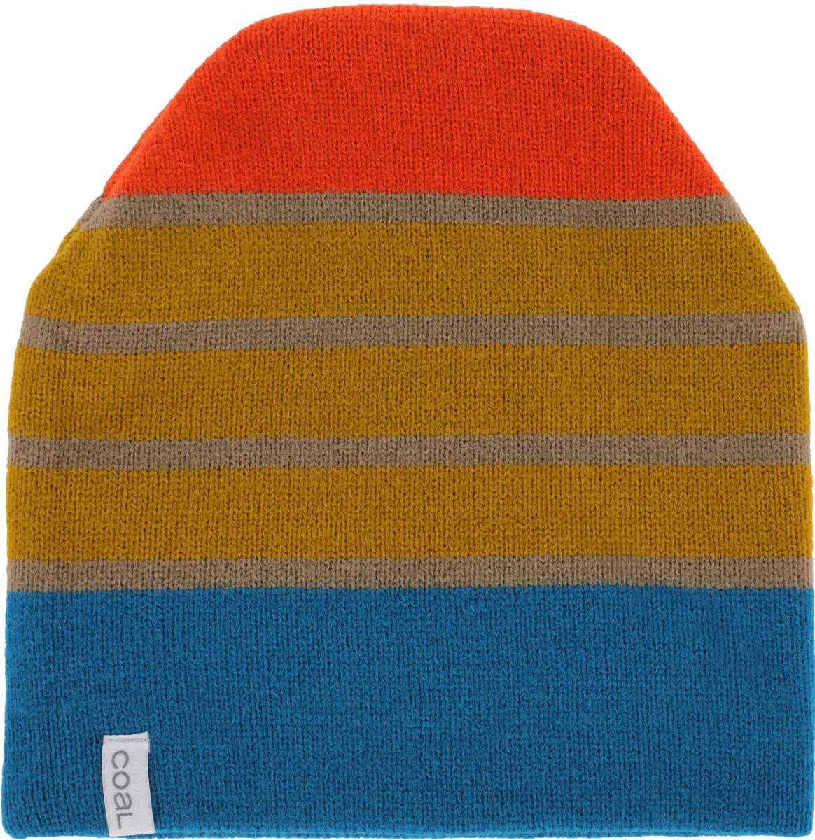 Coal Speed Demon Tall Beanie 2023 - A tall beanie with a striped pattern in orange, yellow, and blue.