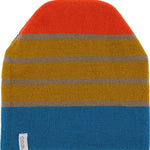 Coal Speed Demon Tall Beanie 2023 - A tall beanie with a striped pattern in orange, yellow, and blue.