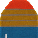 Coal Speed Demon Tall Beanie 2023 - A tall beanie with a striped pattern in orange, yellow, and blue.