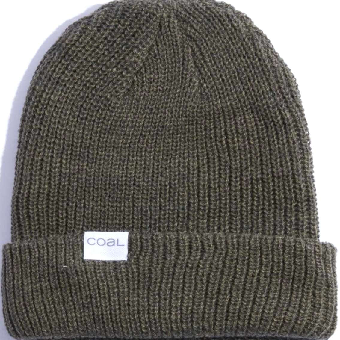 Coal Stanley Mid Length Beanie 2023 - A dark green beanie with a ribbed texture and folded cuff, featuring a small white rectangular label on the front that reads "COAL" in blue letters.