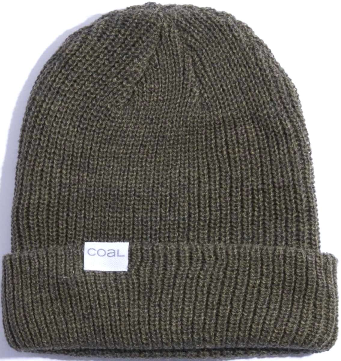 Coal Stanley Mid Length Beanie 2023 - A dark green beanie with a ribbed texture and folded cuff, featuring a small white rectangular label on the front that reads "COAL" in blue letters.