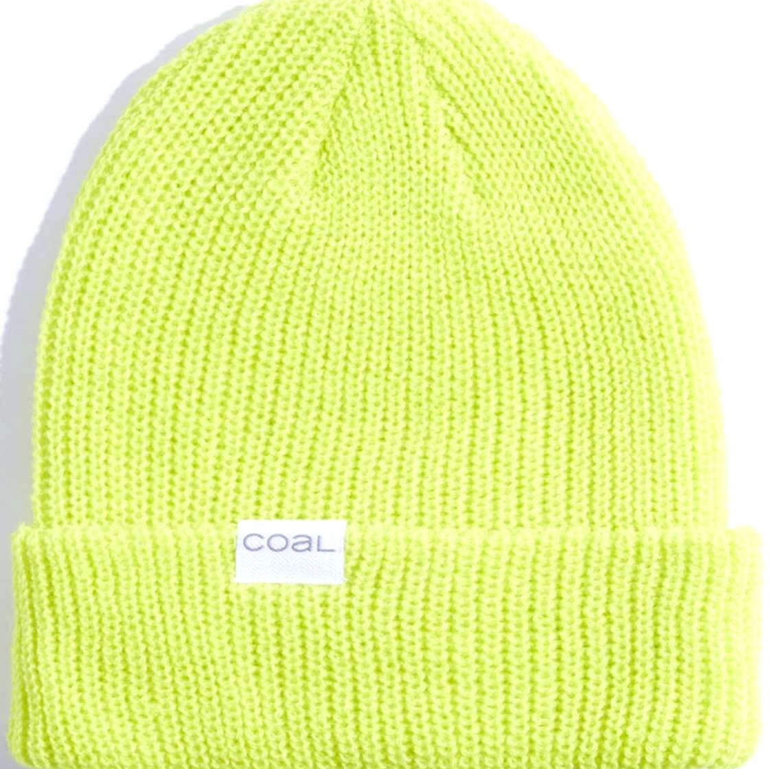 Coal Stanley Mid Length Beanie 2023 - A bright yellow beanie with a ribbed cuff and a white rectangular label on the front that reads "COAL" in gray letters.