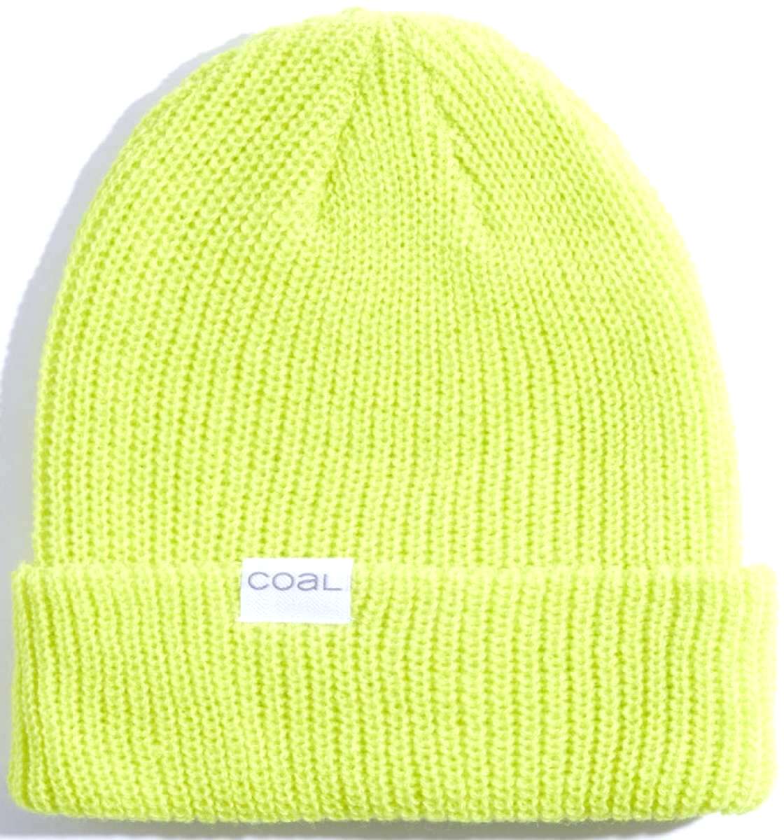 Coal Stanley Mid Length Beanie 2023 - A bright yellow beanie with a ribbed cuff and a white rectangular label on the front that reads "COAL" in gray letters.