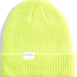 Coal Stanley Mid Length Beanie 2023 - A bright yellow beanie with a ribbed cuff and a white rectangular label on the front that reads "COAL" in gray letters.