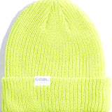 Coal Stanley Mid Length Beanie 2023 - A bright yellow beanie with a ribbed cuff and a white rectangular label on the front that reads "COAL" in gray letters.