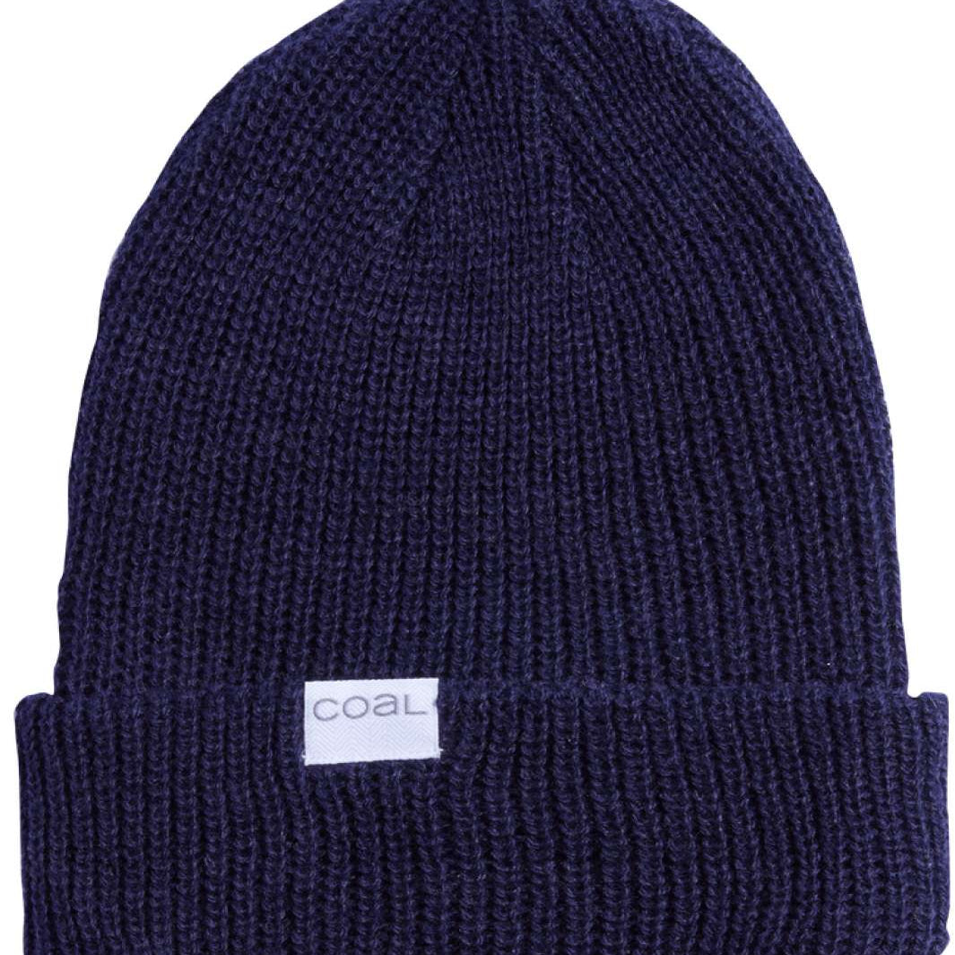 Coal Stanley Mid Length Beanie 2023 - A navy blue beanie with a white rectangular label on the front that says "COAL" in gray letters.