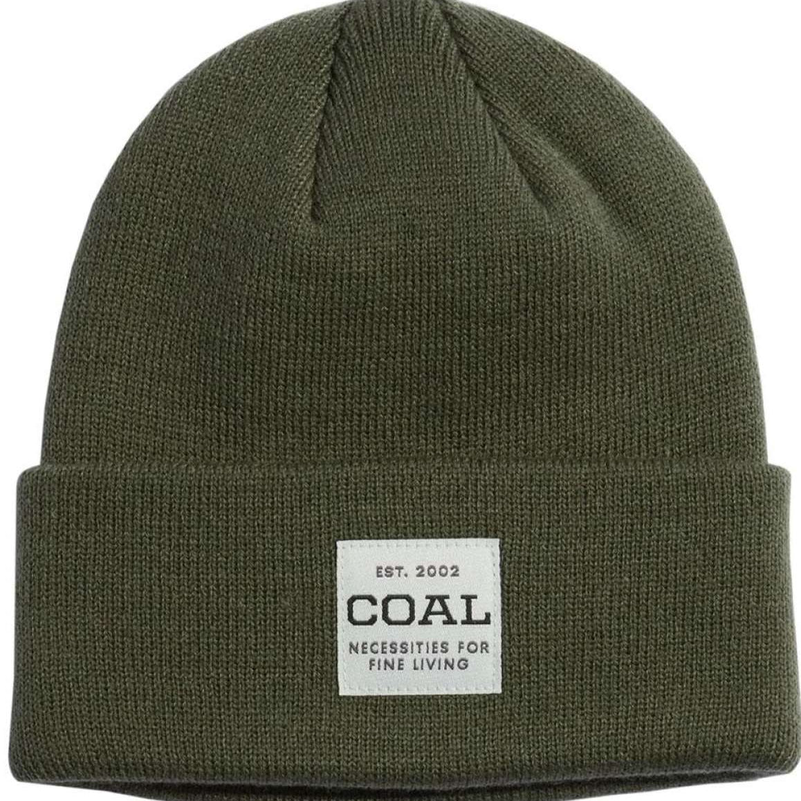 Coal Uniform Mid Length Beanie 2023 - A dark green beanie with a white rectangular patch on the front featuring the word "COAL" in black letters.