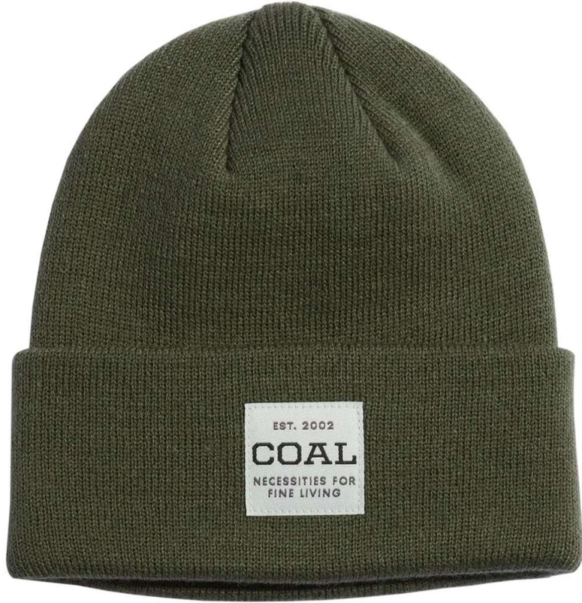 Coal Uniform Mid Length Beanie 2023 - A dark green beanie with a white rectangular patch on the front featuring the word "COAL" in black letters.