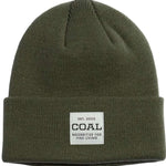 Coal Uniform Mid Length Beanie 2023 - A dark green beanie with a white rectangular patch on the front featuring the word "COAL" in black letters.