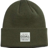 Coal Uniform Mid Length Beanie 2023 - A dark green beanie with a white rectangular patch on the front featuring the word "COAL" in black letters.