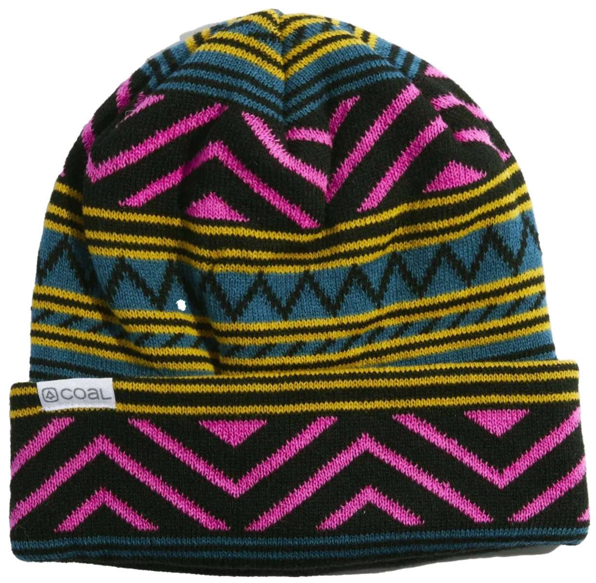 Coal Weston Mid Length Beanie 2023 - Black beanie with a repeating geometric pattern of pink, blue and yellow stripes.