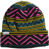 Coal Weston Mid Length Beanie 2023 - Black beanie with a repeating geometric pattern of pink, blue and yellow stripes.