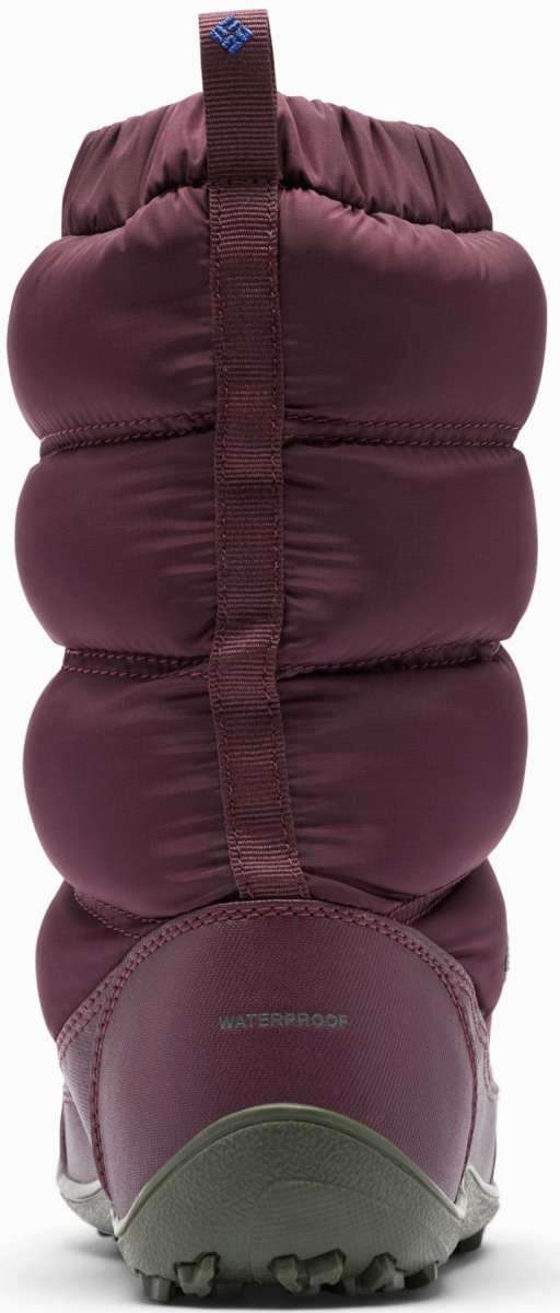 Columbia Ladies Minx Slip IV Boot 2022-2023 - A pair of burgundy boots with a blue logo on the strap and gray soles.