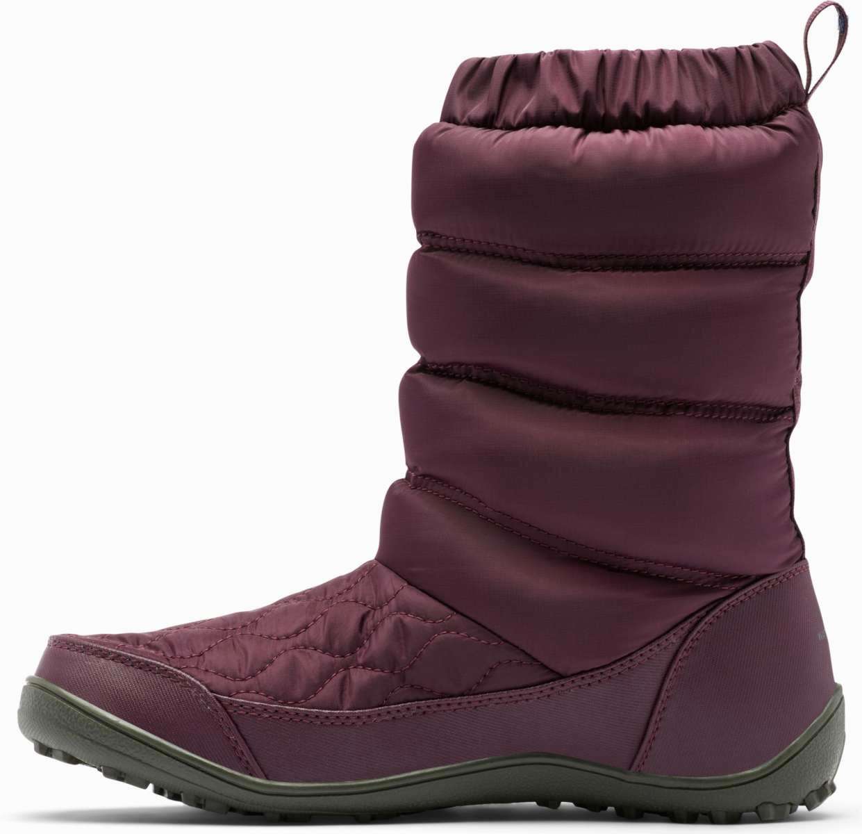 Columbia Ladies Minx Slip IV Boot 2022-2023 - A pair of burgundy insulated boots with a quilted pattern on the upper portion and a thick, dark-colored sole.