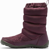 Columbia Ladies Minx Slip IV Boot 2022-2023 - A pair of burgundy insulated boots with a quilted pattern on the upper portion and a thick, dark-colored sole.