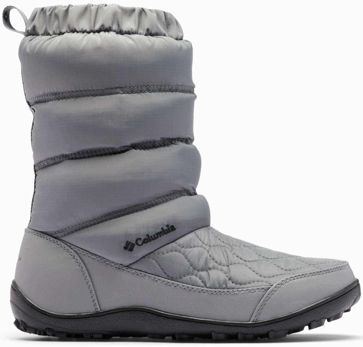 Columbia Ladies Minx Slip IV Boot 2022-2023 - A gray boot with a quilted pattern on the upper portion and a black sole.