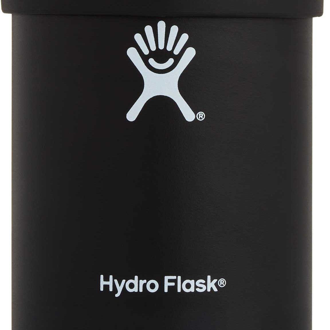 Hydro Flask - A black insulated tumbler with a screw-on lid, featuring a white logo on the front and a small handle on one side.
