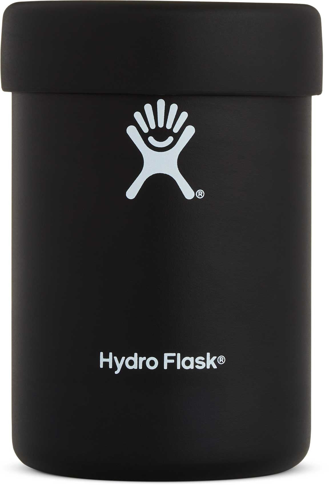 Hydro Flask - A black insulated tumbler with a screw-on lid, featuring a white logo on the front and a small handle on one side.
