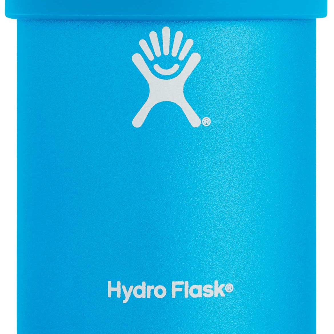 Hydro Flask - A blue cooler cup with a white lid, featuring a logo on the front and a handle on one side.