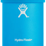 Hydro Flask - A blue cooler cup with a white lid, featuring a logo on the front and a handle on one side.