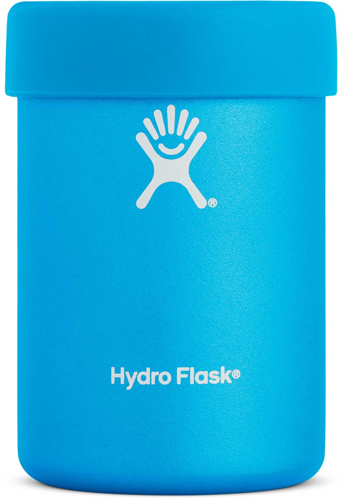 Hydro Flask - A blue cooler cup with a white lid, featuring a logo on the front and a handle on one side.