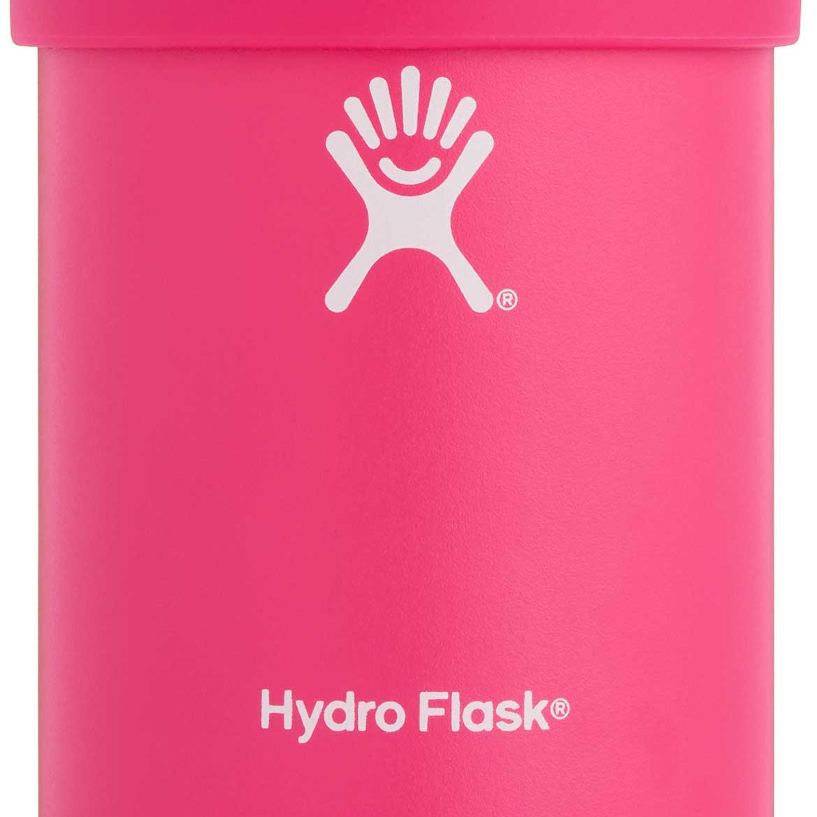 Hydro Flask - A pink cooler cup with a white logo on the front, featuring a smiling face and outstretched arms.