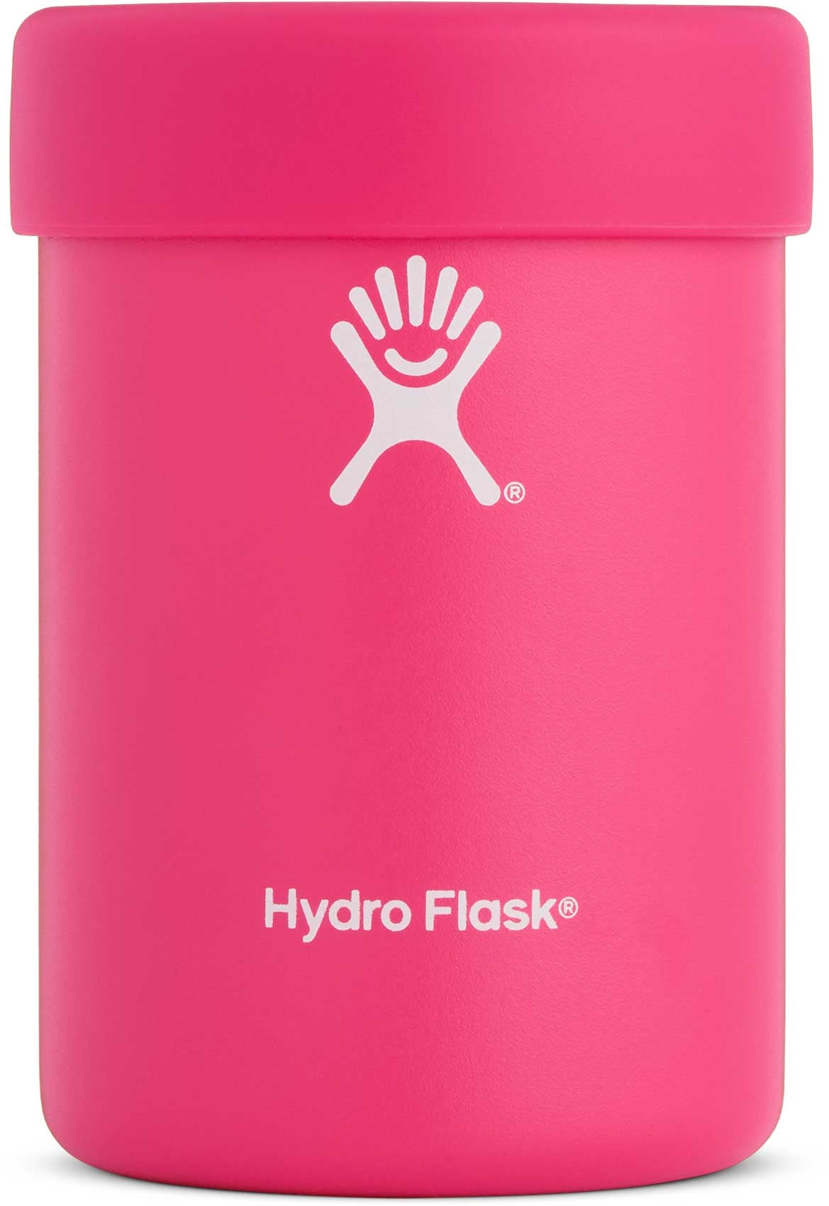 Hydro Flask - A pink cooler cup with a white logo on the front, featuring a smiling face and outstretched arms.