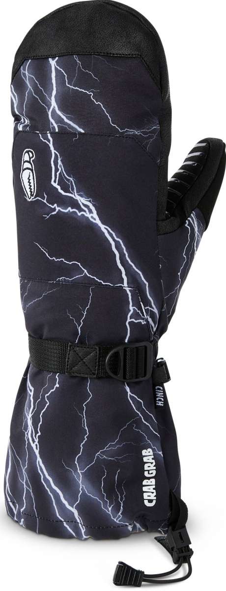 Crab Grab Cinch Mitt 2023 - Black mitt with white lightning bolt pattern and black strap on wrist.