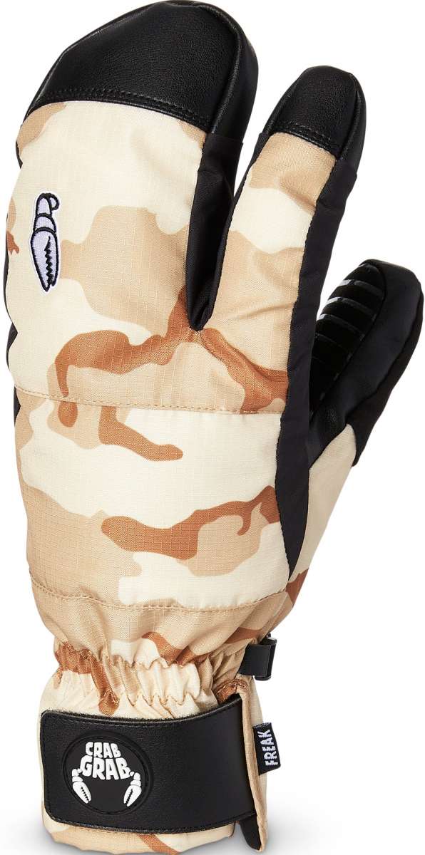 Crab Grab - Pair of mittens with a camouflage pattern, featuring brown and tan colors.