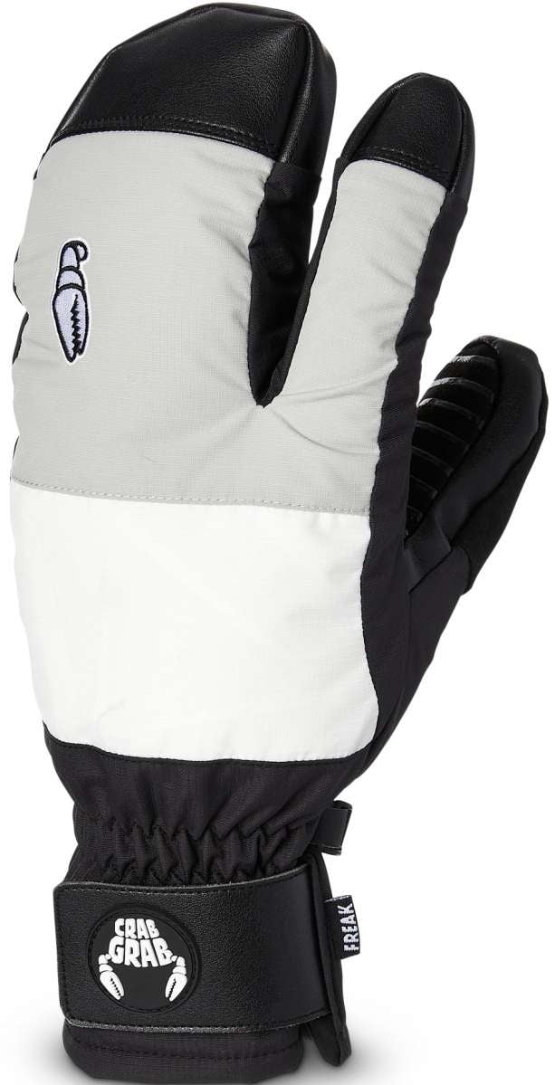 Crab Grab Freak Trigger Mitt 2023 - A pair of mitts with a black and white color scheme, featuring a distinctive crab claw logo on the back of one hand.