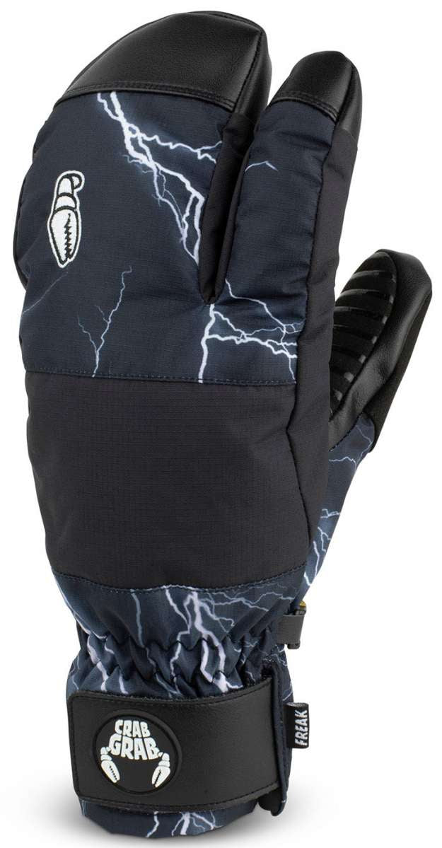 Crab Grab Freak Trigger Mittens - Black mittens with white lightning bolt pattern and black leather trim.