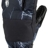 Crab Grab Freak Trigger Mittens - Black mittens with white lightning bolt pattern and black leather trim.