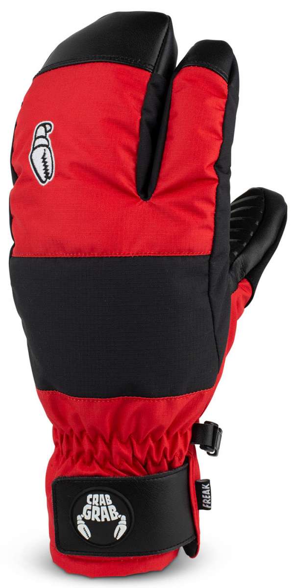 Crab Grab Freak Trigger Mittens 2024 - A pair of red mittens with black trim and a white logo on the back of one mitten.