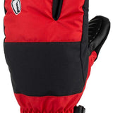 Crab Grab Freak Trigger Mittens 2024 - A pair of red mittens with black trim and a white logo on the back of one mitten.