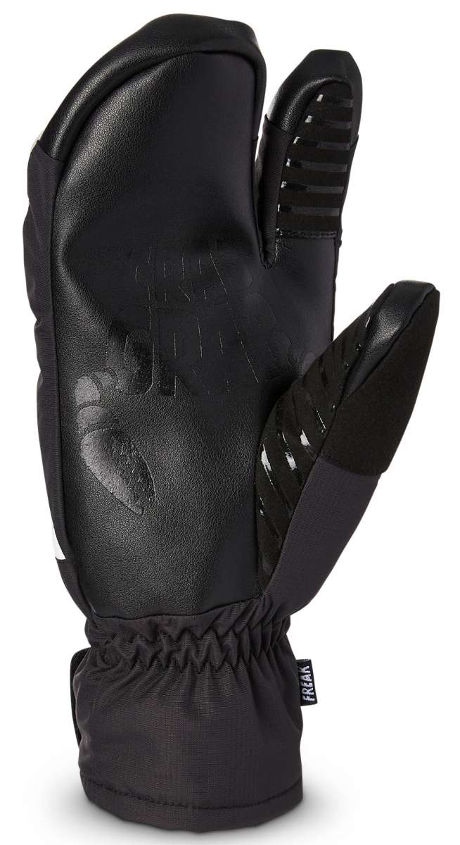 Crab Grab Freak Trigger Mittens 2024 - A pair of black mittens with a textured palm and thumb, featuring a small logo on the wrist strap.