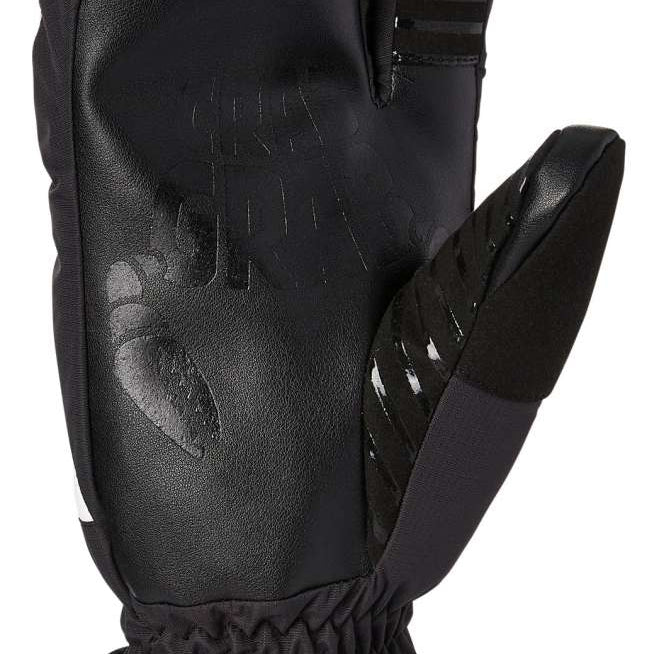Crab Grab Freak Trigger Mittens 2024 - A pair of black mittens with a textured palm and thumb, featuring a small logo on the wrist strap.