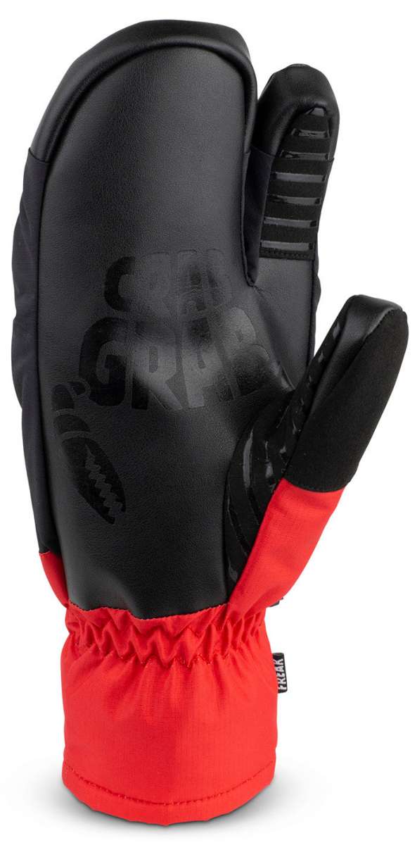 Crab Grab Freak Trigger Mittens - Black mittens with black textured palm and thumb, red accents on wrist strap and logo.