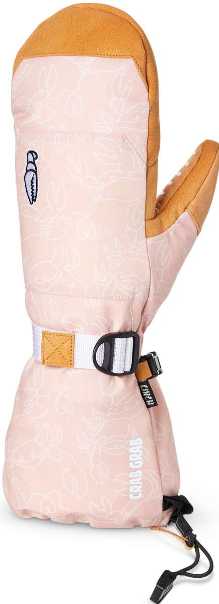 Crab Grab Ladies Cinch Mitt 2022-2023 - A pair of mittens with a light pink exterior and tan interior, featuring a repeating white crab pattern.