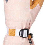 Crab Grab Ladies Cinch Mitt 2022-2023 - A pair of mittens with a light pink exterior and tan interior, featuring a repeating white crab pattern.