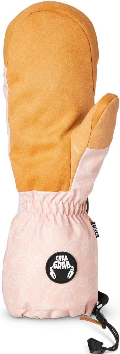 Crab Grab Ladies Cinch Mitt 2022-2023 - A pair of mittens with a light pink exterior and tan interior, featuring a cinched wrist strap.